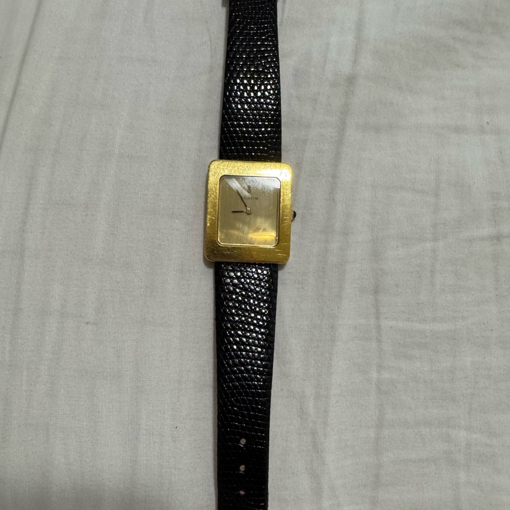 Chic Gold Square Watch with Black Strap 18k Corum vintage luxury watch